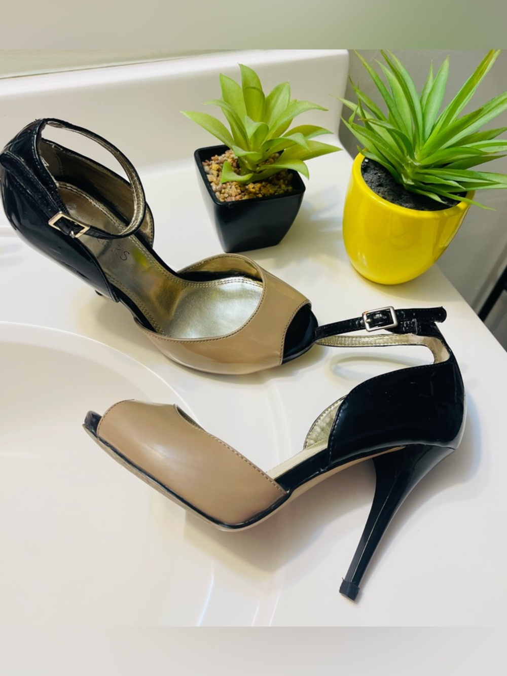 Black and Beige Open-Toe Stiletto Heels with Ankle Strap